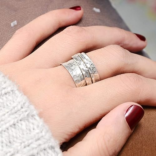 Miniatura 8 de Boho-Magic Anillo giratorio de plata de ley 925 para mujer, 3 anillos giratorios, meditación antiestrés para ansiedad, joyería gruesa de declaración