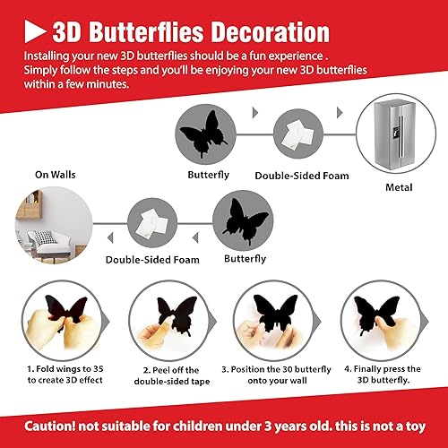 Miniatura 7 de 24 calcomanías de pared de mariposa 3D con purpurina azul, 3 tamaños, decoración de mariposas para pared, calcomanías murales extraíbles para el