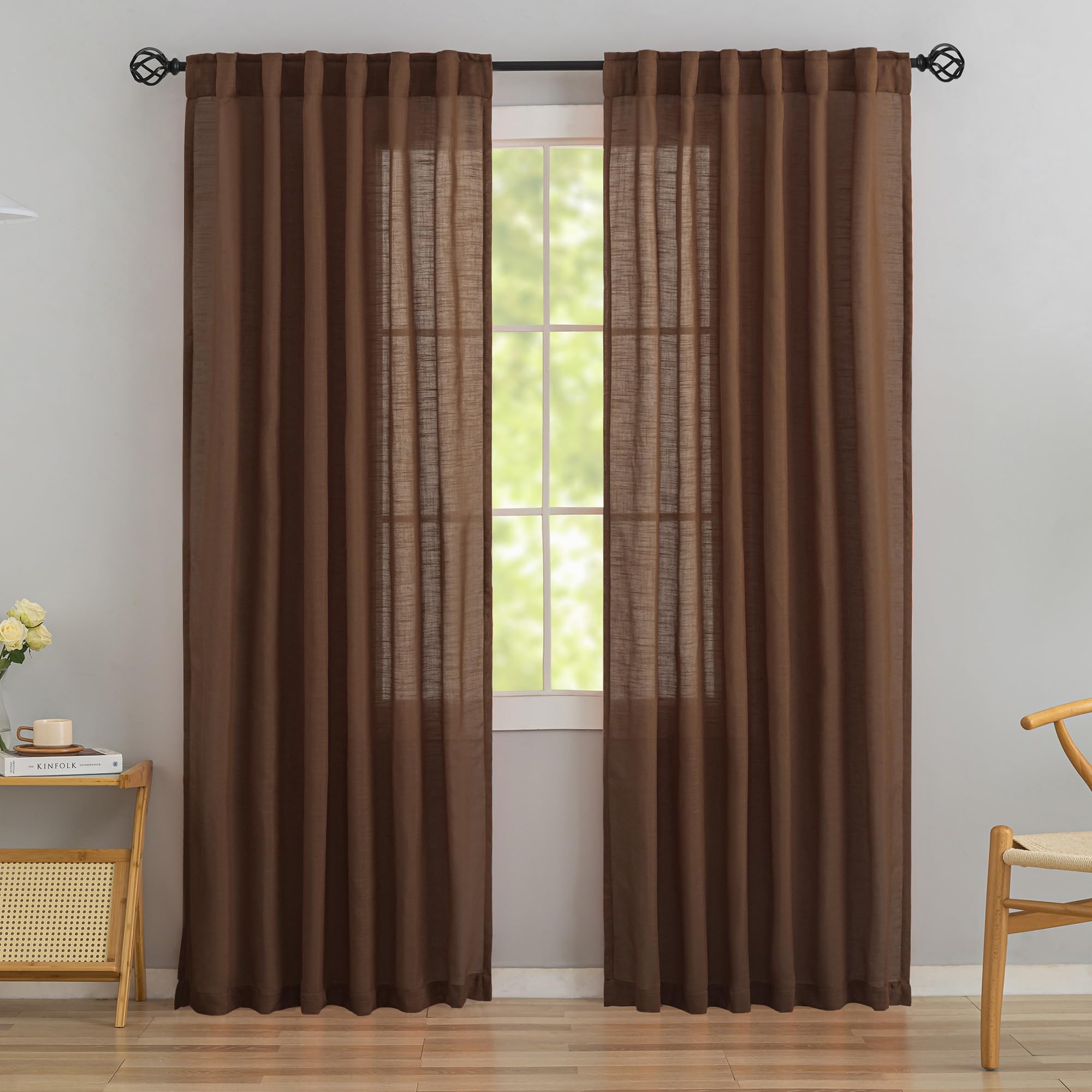 Coffee Brown Linen Back Tab Curtains 84 Inches Long 2 Panels Set for Bedroom - Modern Farmhouse Hooks Belt Pleated Semi Privacy Drapes Shabby Chic