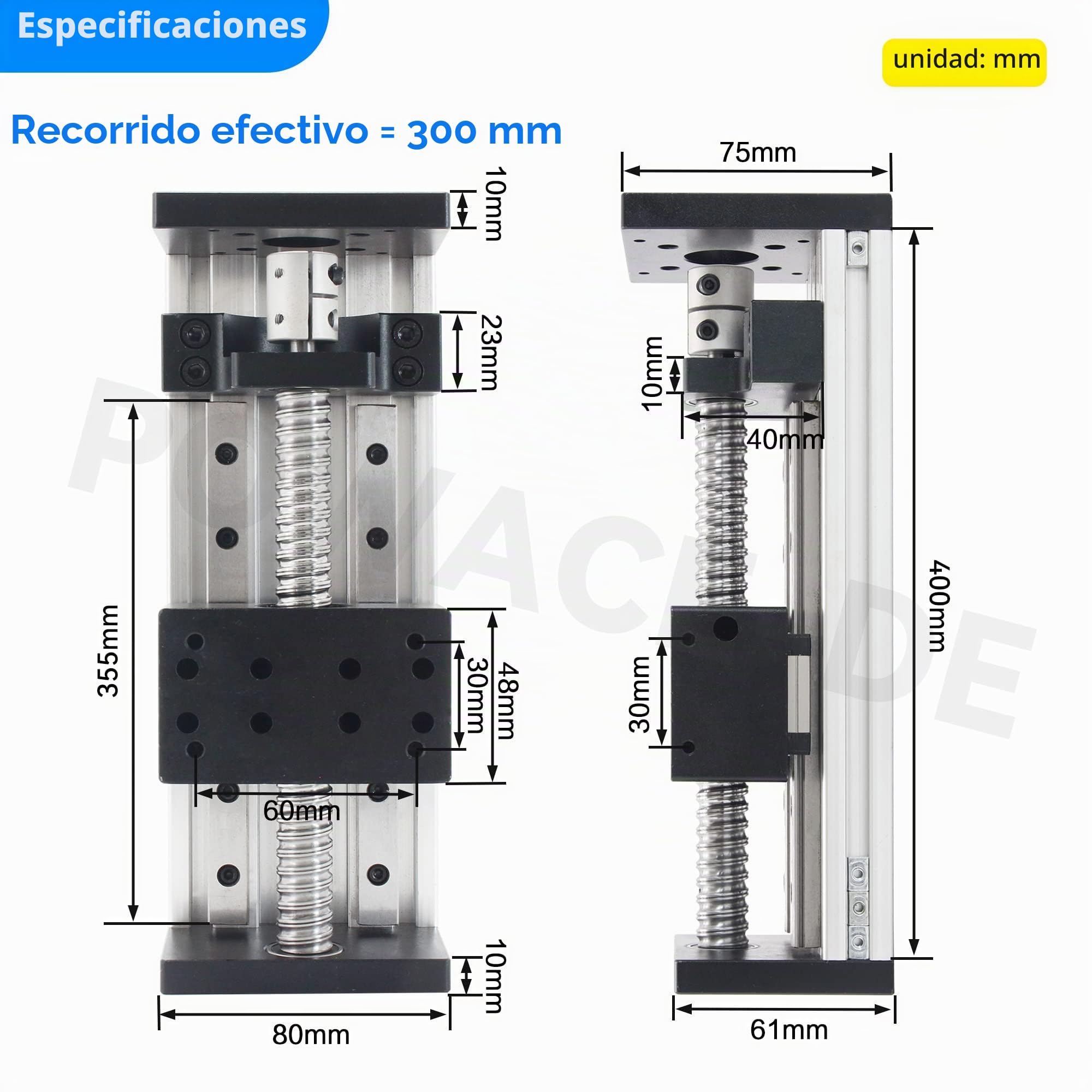 RATTMMOTOR Guía lineal, accionamiento lineal de 300 mm de longitud, actuador lineal CNC doble, husillo de bolas SFU1605 con motor paso a paso Nema23 para eje XY, XYZ