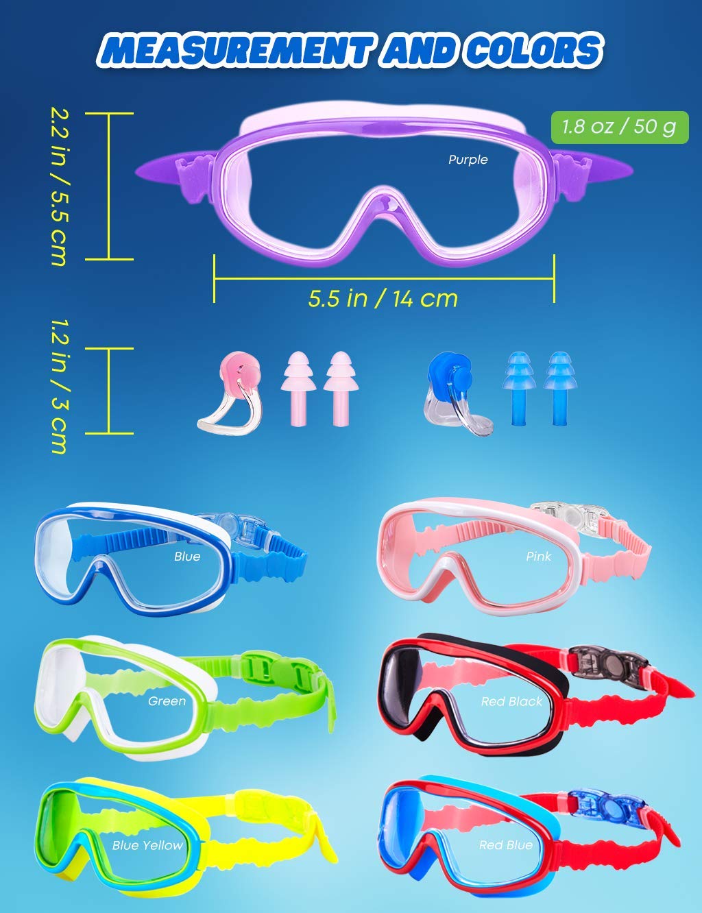 KAILIMENG Okulary pływackie dla dzieci, przejrzysty, szeroki widok, nieprzeciekające, przeciwmgielne, okulary do pływania z klipsem na nos, zatyczki do uszu, dla małych dzieci, młodzieży w wieku 4-15