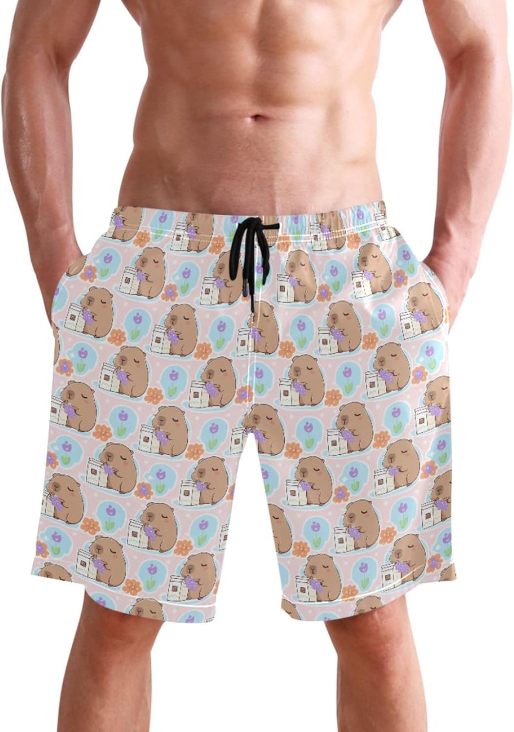 Capybara Men's Novelty Beach Shorts Swim Trunks Quick Dry Men Casual Board Shorts with Pockets L