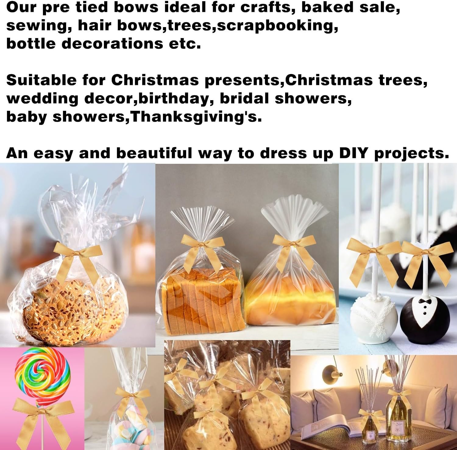 60 PCS 3 Inch Gold Twist Tie Bows for Treat Bags, Twist Ties with Bows, Satin Twist Tie Bows for Cake Pop, Pretied Bows with Twist Ties, Bow Ties for Gift Bags, Cookie Bags, Popcorn Bags - Image 3