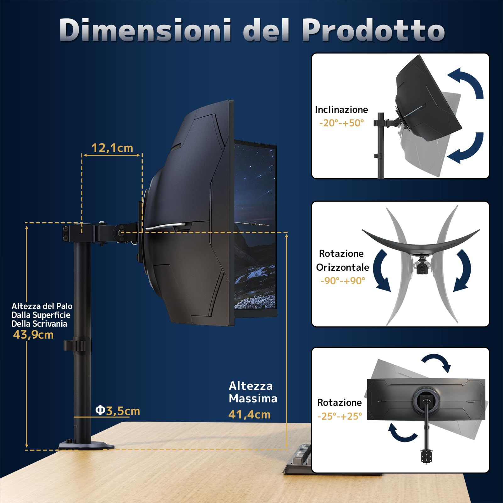 Supporto per monitor da 1 monitor 17-49 pollici - Supporto verticale regolabile in altezza con 20 kg, inclinabile orientabile rotabile, VESA 75/100 mm, Nero