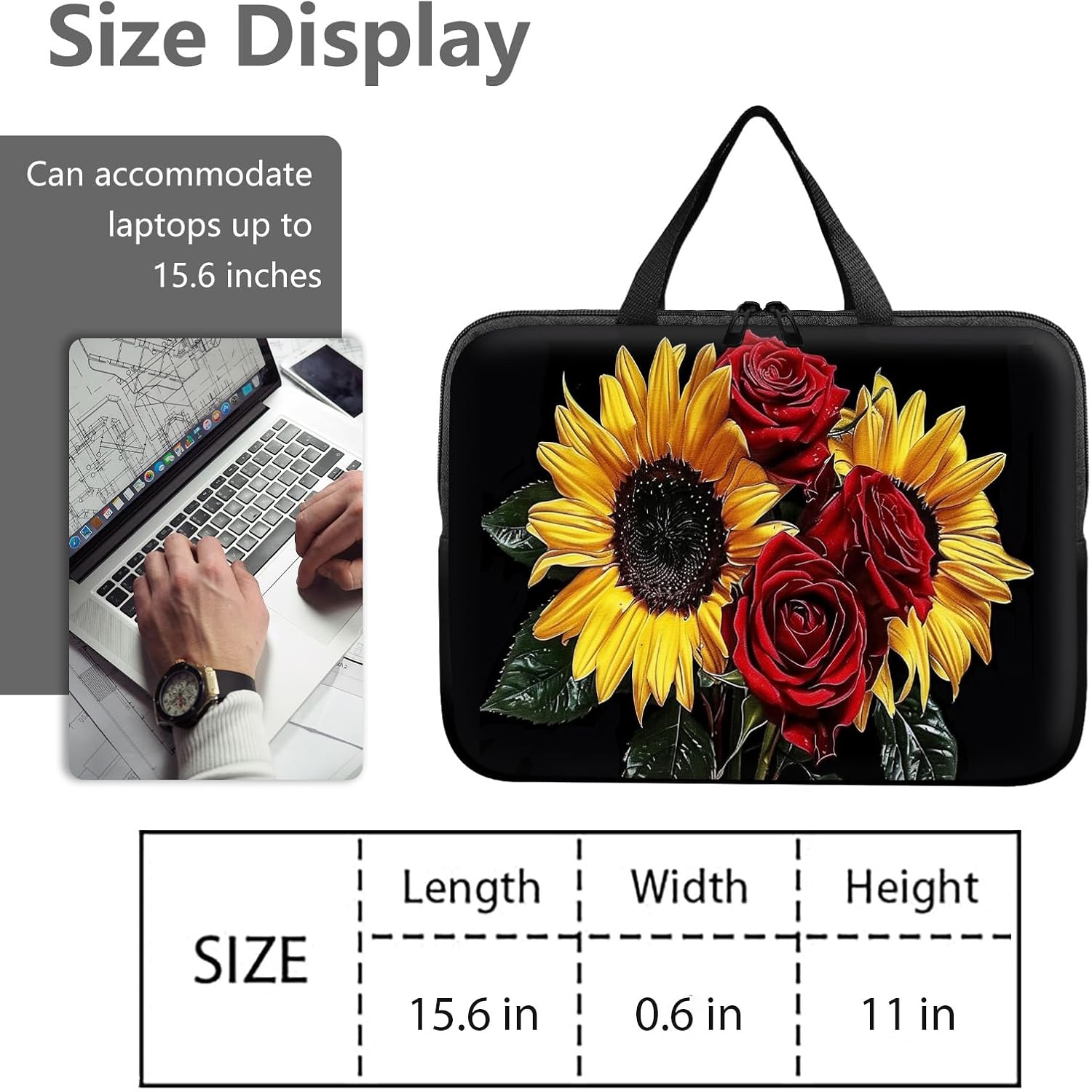 14" 15" Laptop Handle Bag Computer Bag,14.2" 15.4 inch Pouch Holder Notebook Sleeve Cover Compatible for Dell,Lenovo,Toshiba HP, Asus Notebook Messenger Briefcase-Rose sunflower