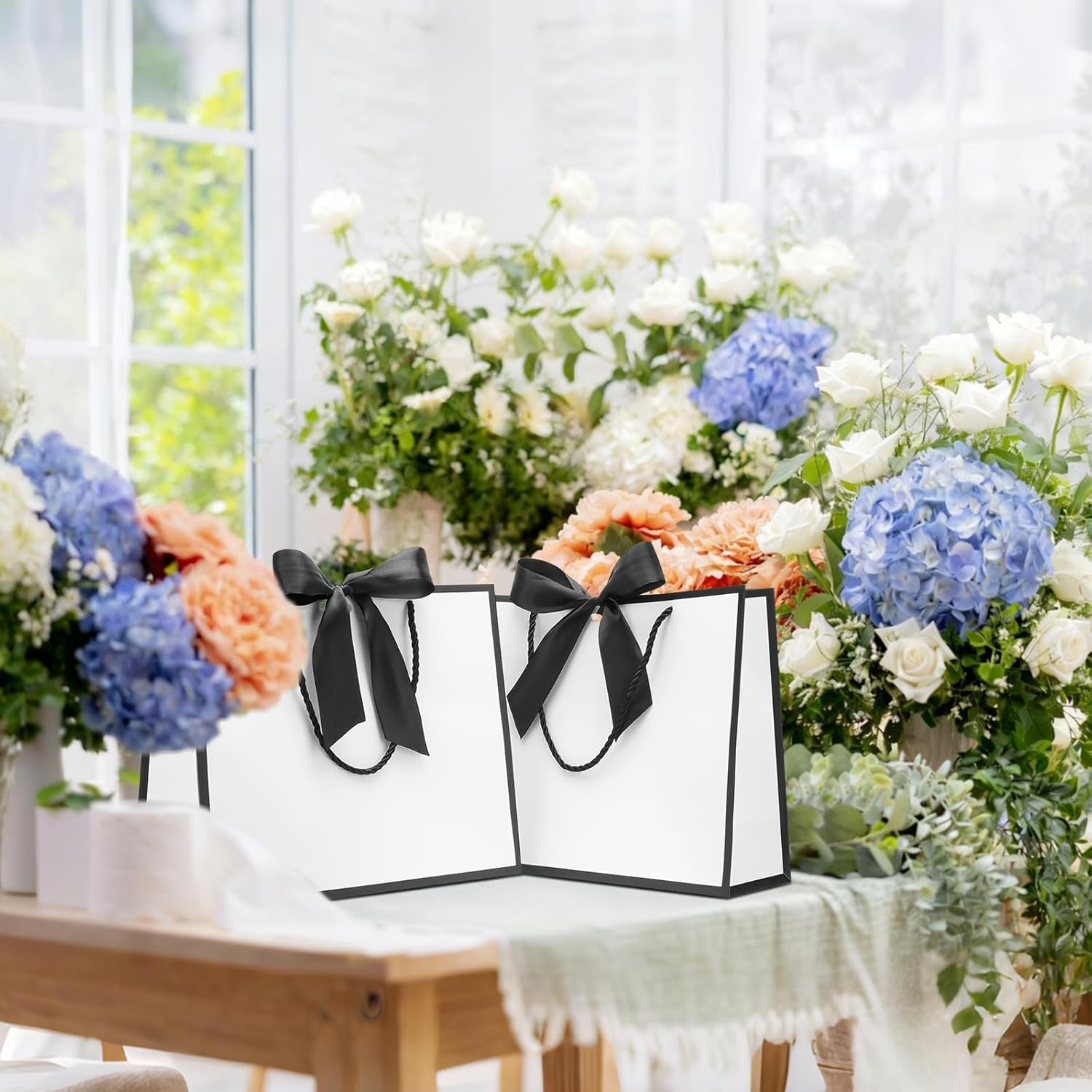 QIELSER Large Black and White Gift Bags with Handles and Ribbon, 12.5x4.5x10 Inch Paper Bags with Tissue Paper for Wedding, Bridesmaid, Baby Shower, Birthday, Holiday Party Gifts (12) - Image 6