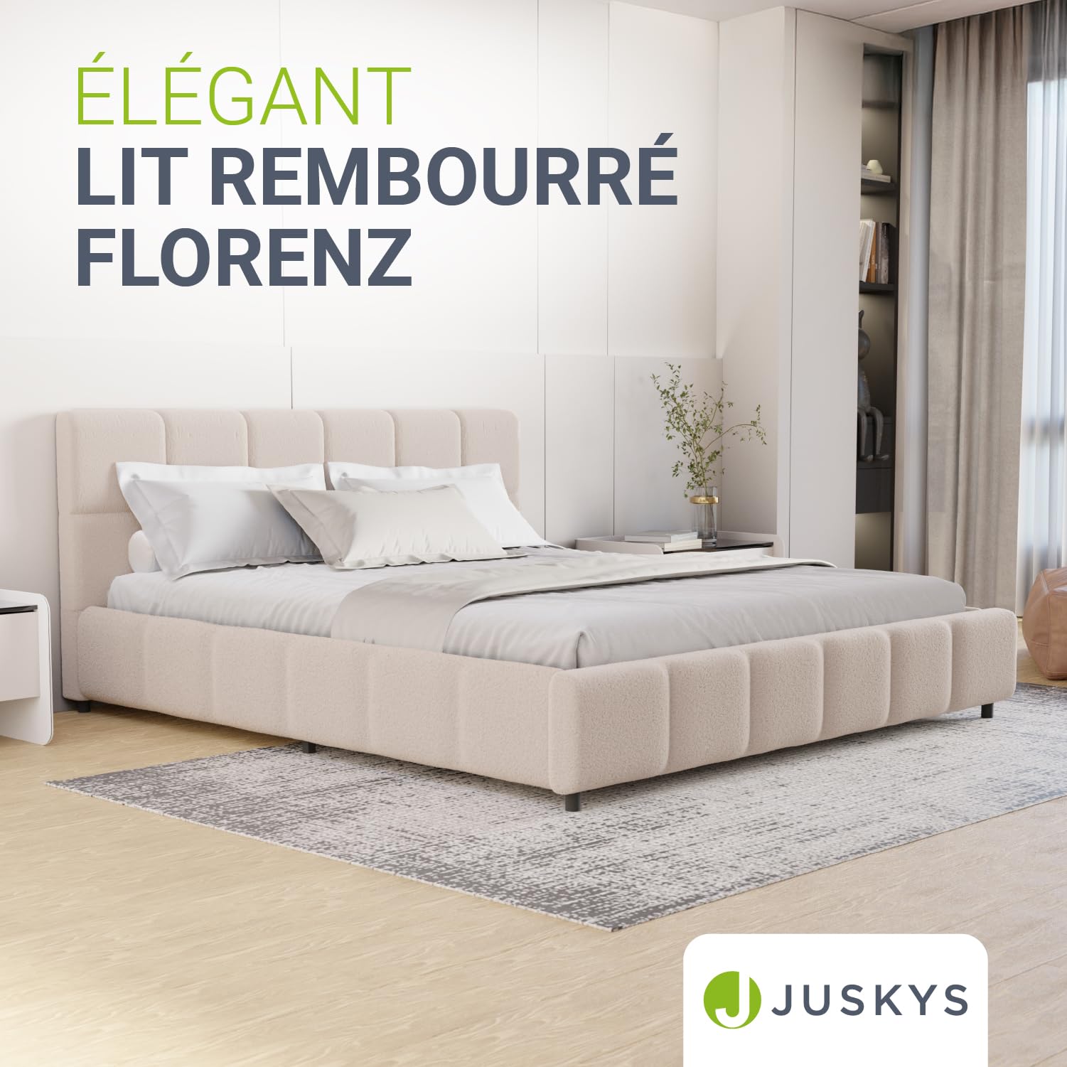 Juskys lit capitonné Florenz 180 x 200 cm – en Tissu bouclé, lit Moderne avec tête & Pied, Cadre en Bois & métal, sommier à Lattes, capacité 500 kg – Beige