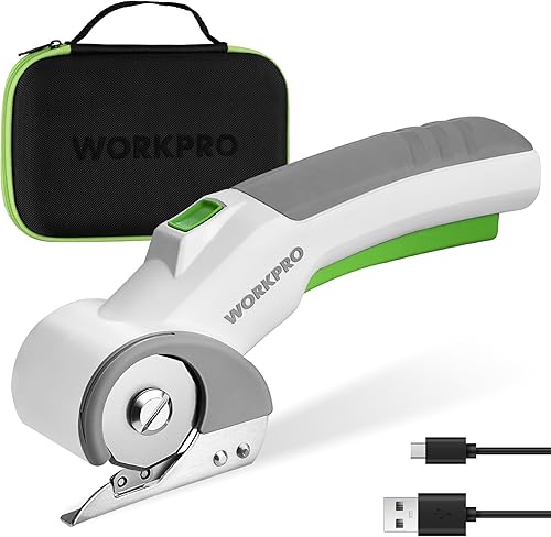 WORKPRO Tijeras eléctricas inalámbricas, tijeras potentes recargables de 4 V, herramienta de corte para tela, cuero, alfombra y cartón, cortadores