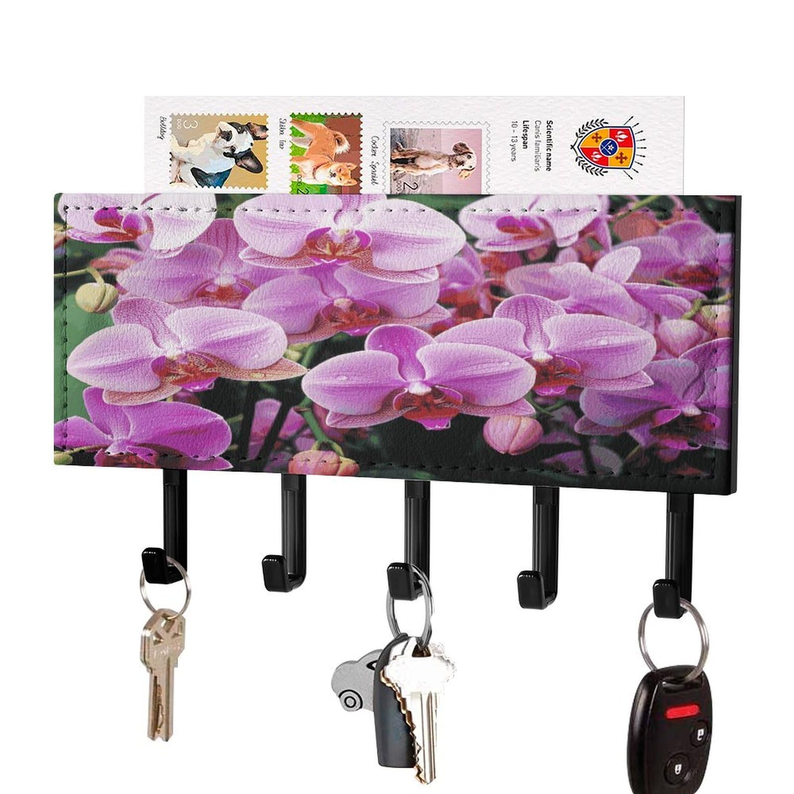 JTREHY Orchids Key Holder Wall Mount Decorative Key and Mail Holder PU Leather Adhesive Key Organizer Hanging Key Hooks Wall Shelf with 5 Hooks for Entryway Hallway Office