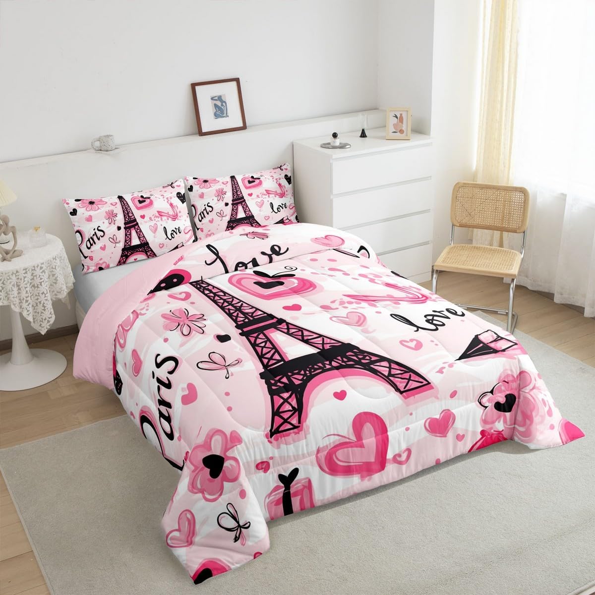 Feelyou Kids Eiffel Tower Comforter Set Twin Size Valentine's Day Bedding Set Boys Girls Love Flower Floral Quilt Set France Paris Romantic City Bed Set
