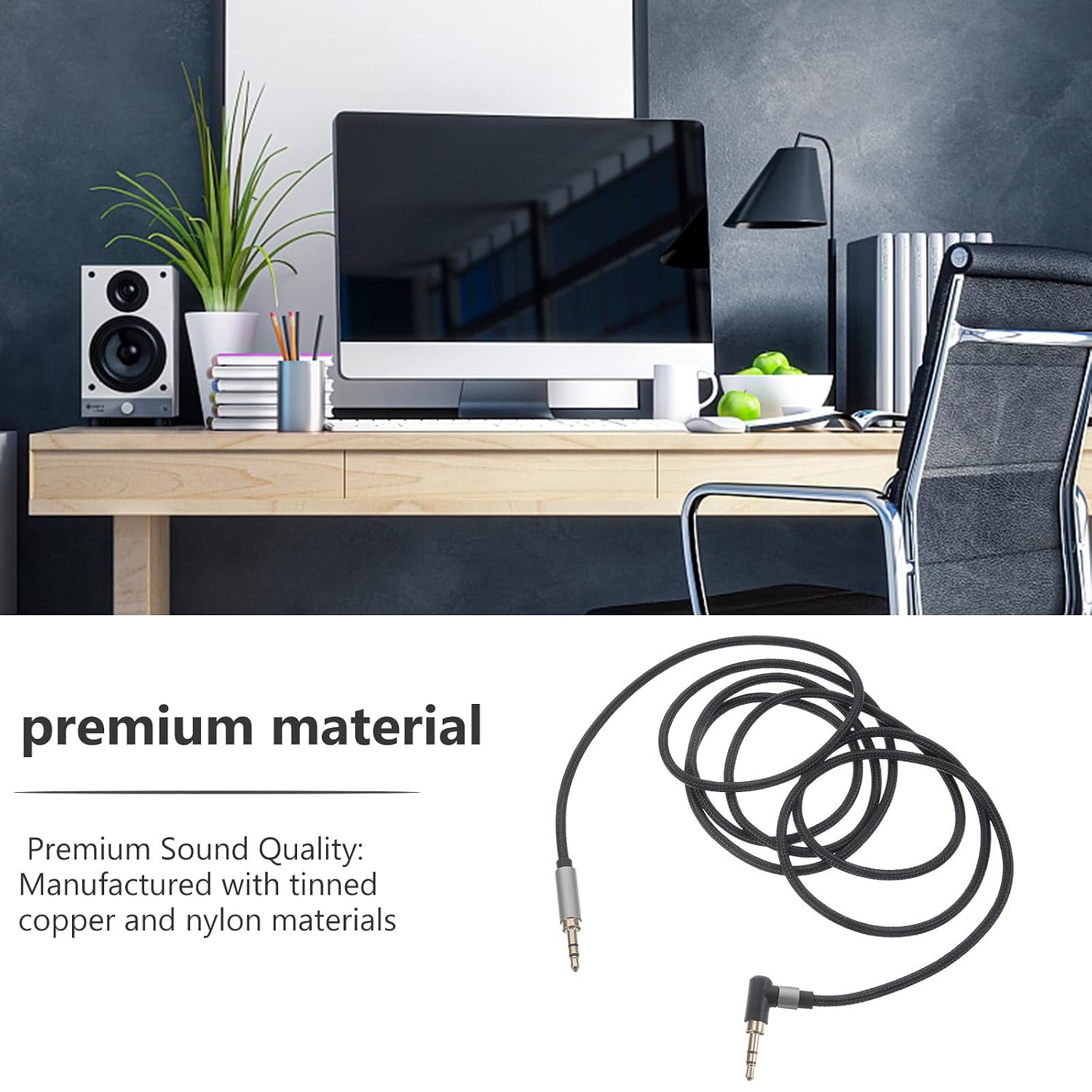 Audio Cable and Nylon Wire 2pcs Male to Male with Elbow Design 3.5mm Premium Tinned Copper 1.5 Meters Black for Car Audio Speaker and Equipment Connection