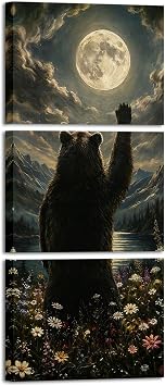 Artmyharbor Bear Reaching for the Moon Canvas Wall Art 12x16 Nature Wildlife Mountain Floral Decor