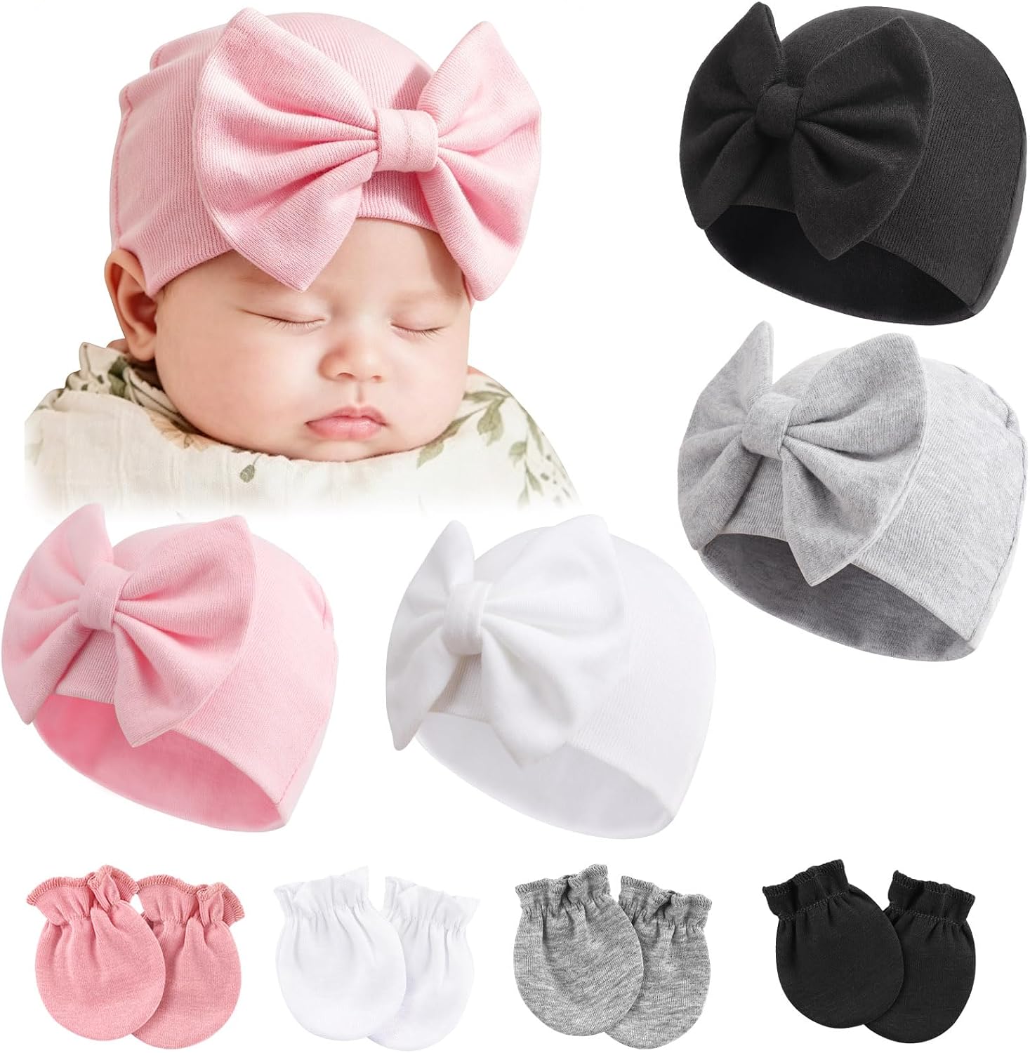BQUBO Newborn Baby Hats Mittens Set Cotton Hospital Hat Preemie Infant Bow Hats No Scratch Mittens for Baby Girls 0-6 Months