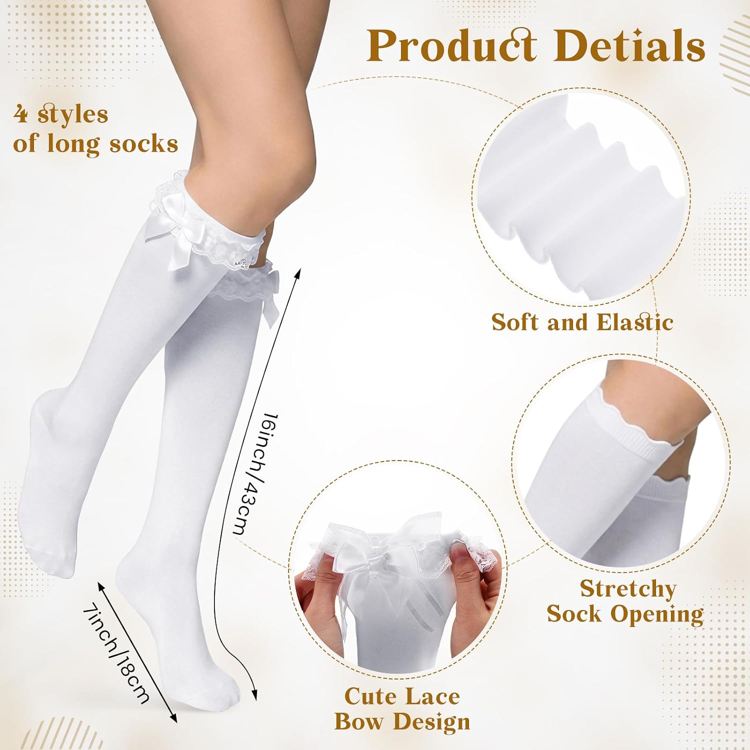 Chicingyou 4 Pairs Women's Lace Ruffle Knee High Socks Girl's Knee Stockings with Bow Trim Dress Socks