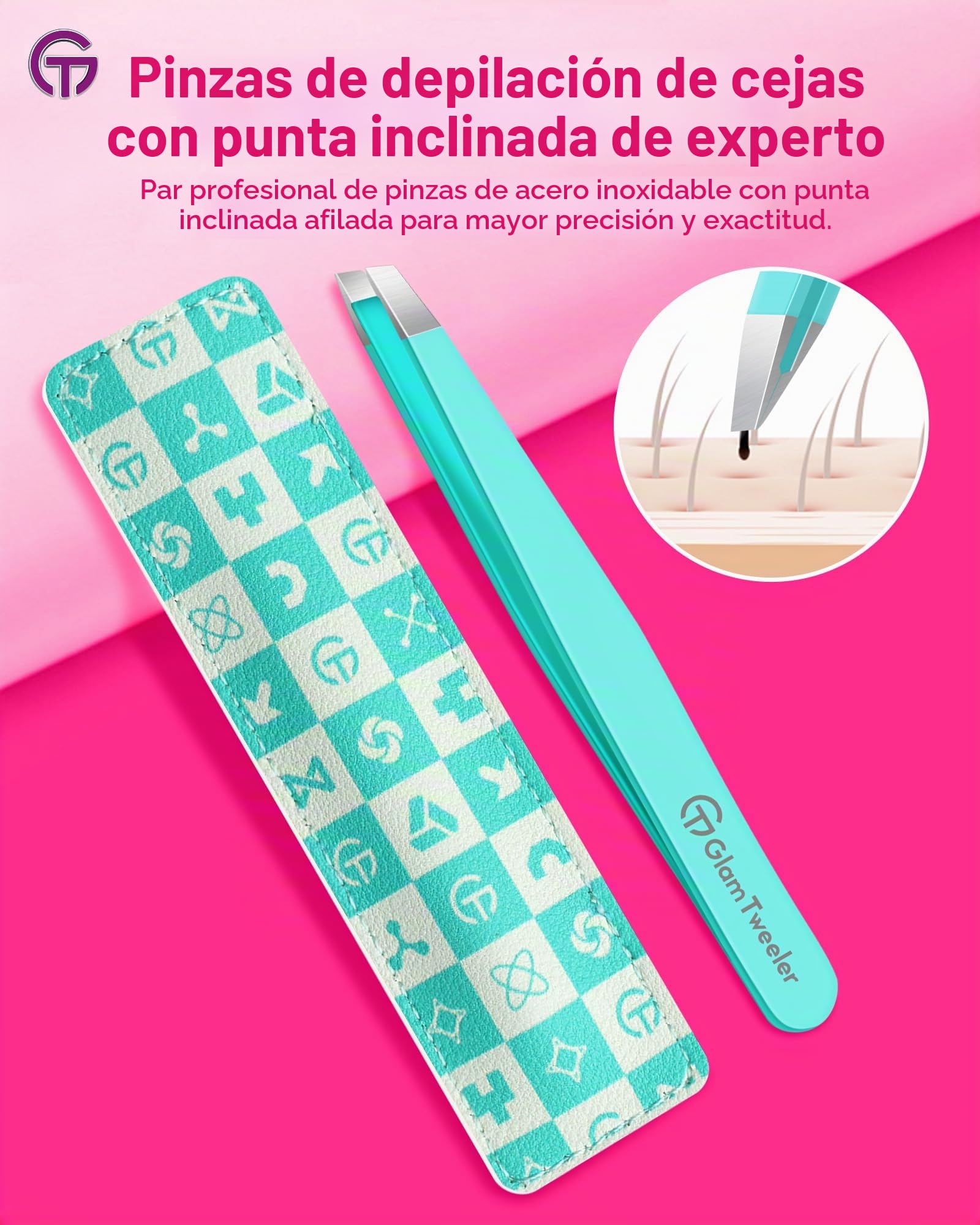 GlamTweeler Expert - Pinzas de depilación de cejas con funda de cuero, punta inclinada de alta precisión, pinzas de acero inoxidable para hombres y mujeres (color azul huevo de Robin)
