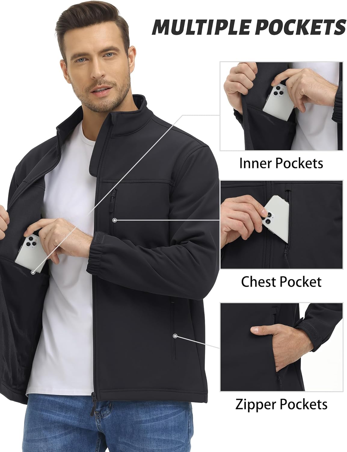 Miniatura 5 de TACVASEN Chaquetas tácticas para hombre, con forro polar suave, abrigos ligeros con bolsillos, resistentes al agua, senderismo al aire libre
