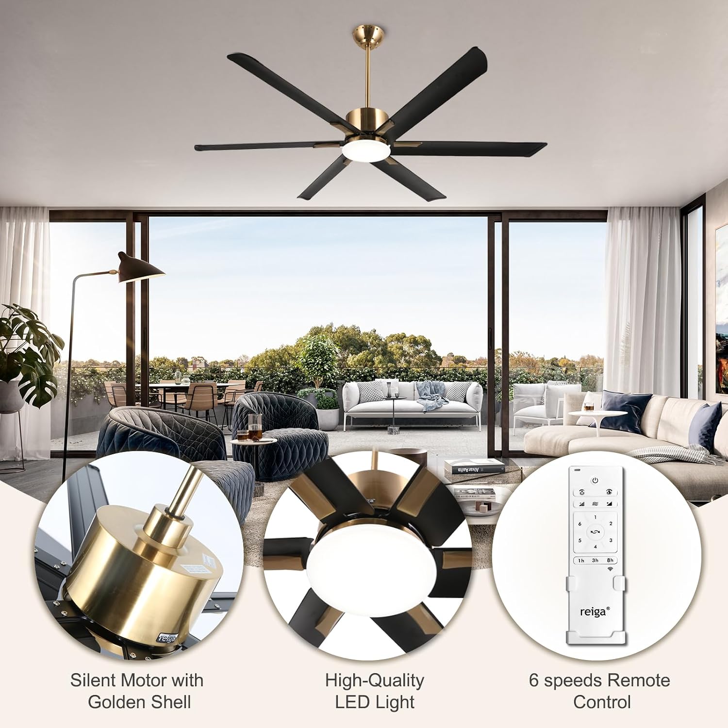 reiga 72" Indoor Outdoor Black Gold 6 Aluminum Metal Blades Extra Large Modern DC Ceiling Fan with Dimming LED Light Kit, 6 Speeds, Timer, Reversible Airflow Motor for Garage, Patio, Living Room