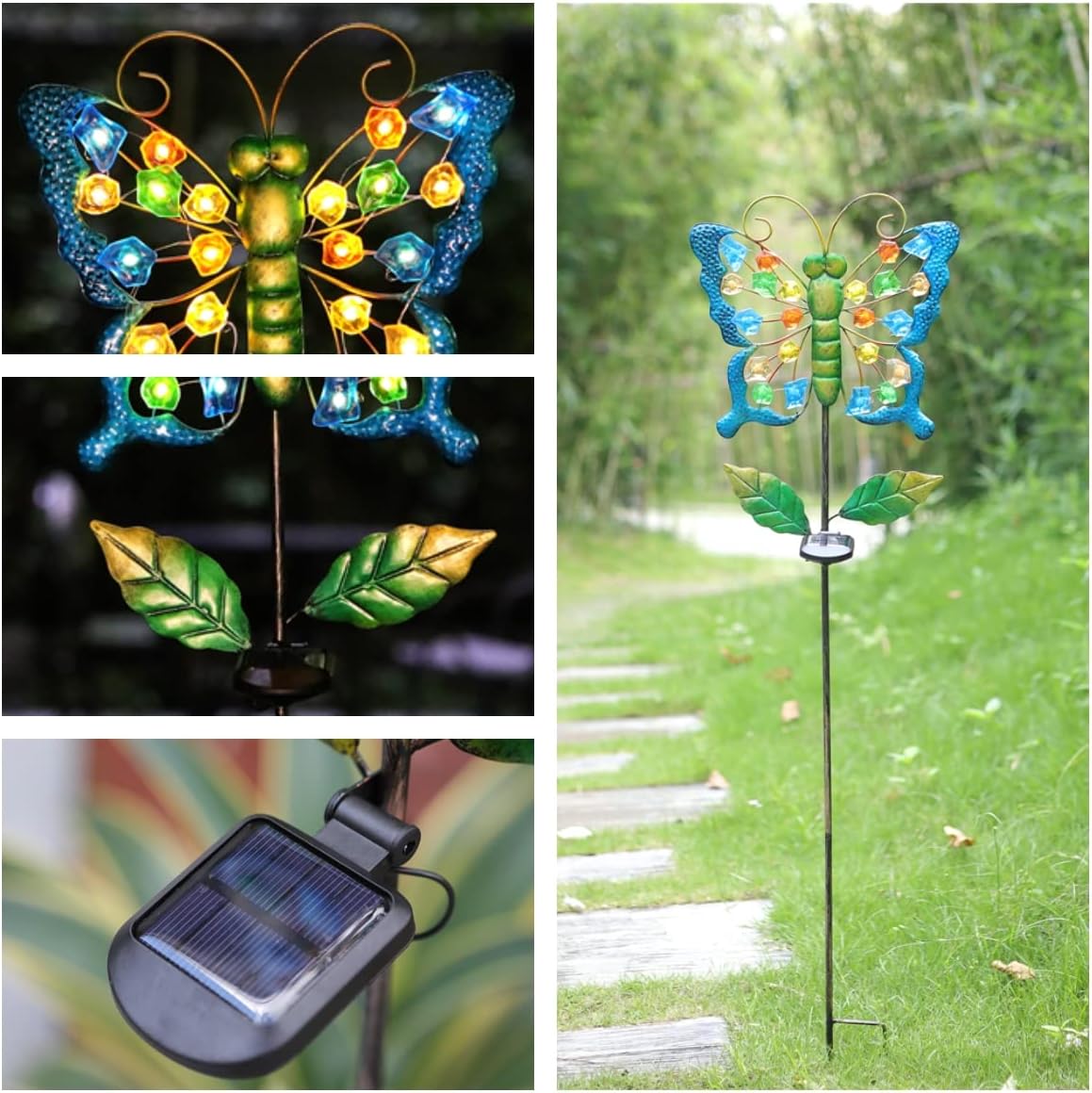 39 Inch Butterfly Garden Decor, Flower Solar Lights Stake Metal Butterfly with 22 Pcs Warm White Sea Glass for Outdoor Lawn Patio Backyard