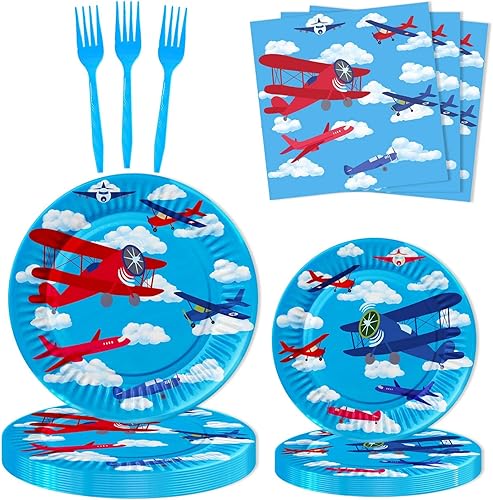 Letromp Suministros para fiestas de avión, platos de papel para aviones, servilletas, tenedores, vajilla para temática de aviación, baby shower, 1,