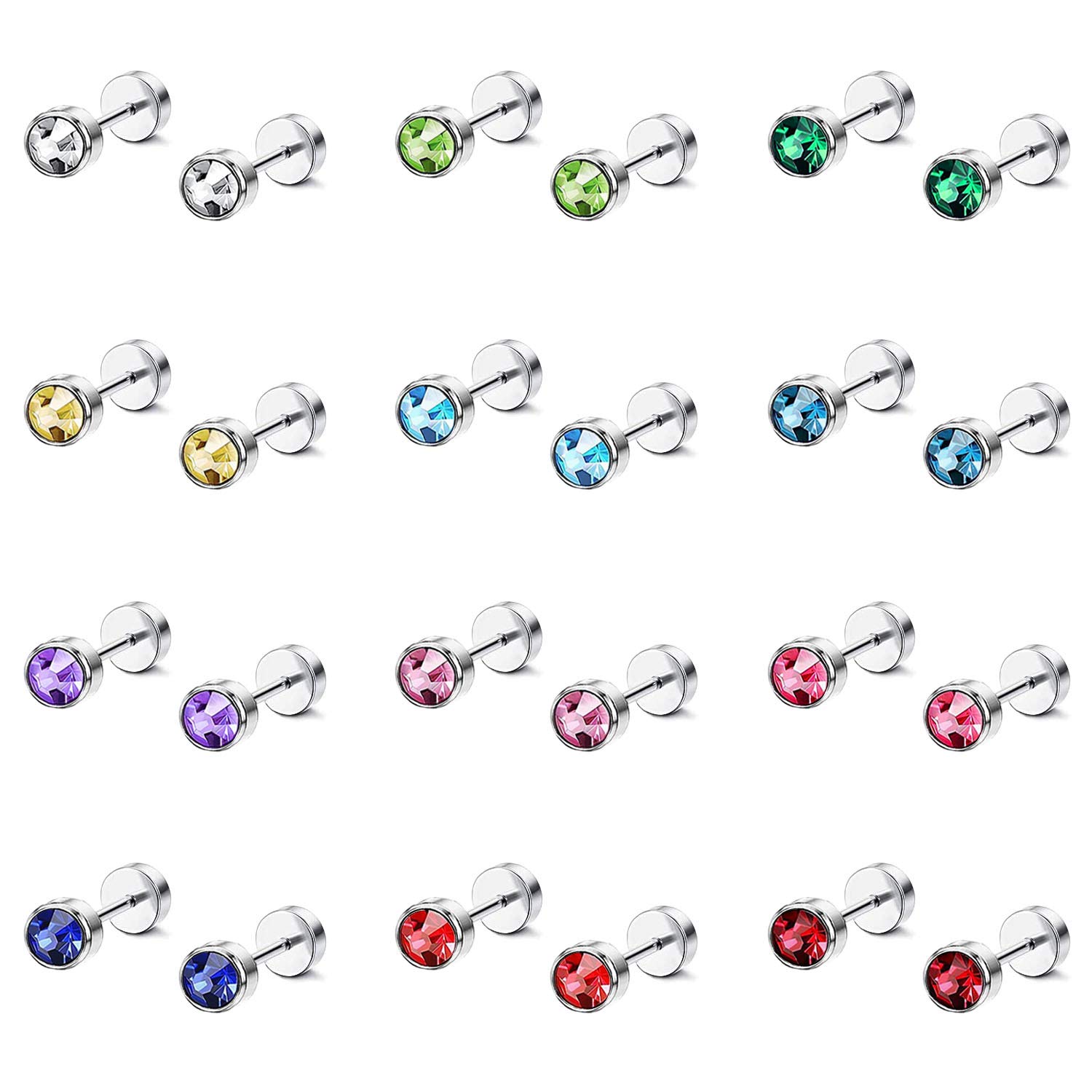 12 Pairs CZ Ear Stud Mixed Colors Cartilage Earrings Set Stainless Steel Barbell Studs Earrings Helix Tragus Piercing