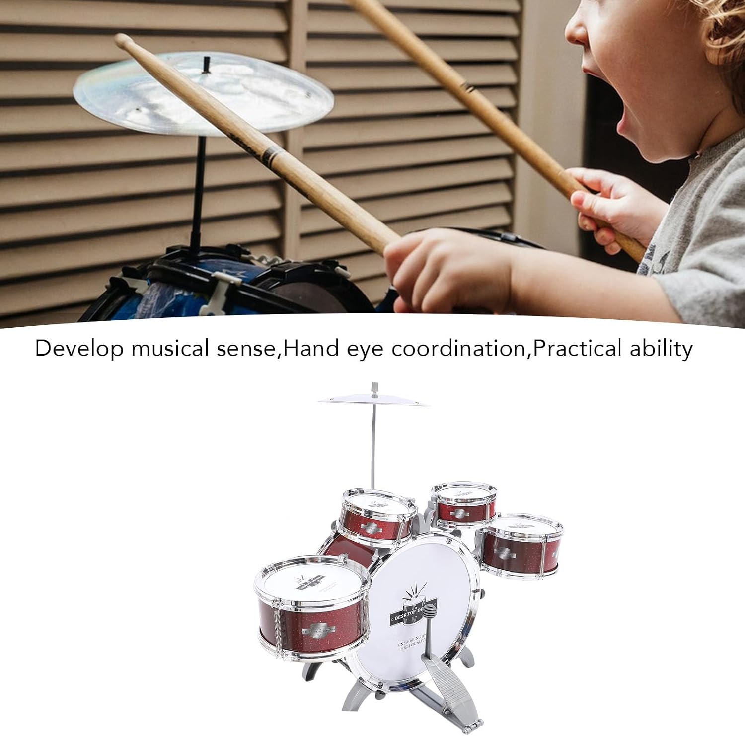 Fockety Kids Jazz Drum Set, 5 Drums Percussion Toddler Toy Drum Set with Stool, Plastic Rock Jazz Drum Kit Musical Toys Gift for Boys Girls 1-3 3-5 Beginner Instruments Toy