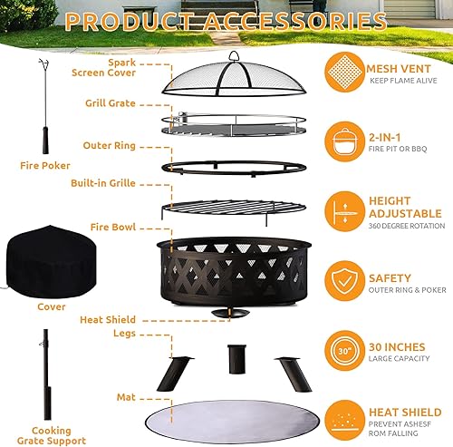 Miniatura 10 de Amopatio Fogata de 36 pulgadas con parrilla, hoguera grande 2 en 1 para exteriores, fogata de leña con rejilla de cocción para patio trasero,