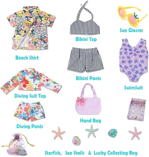 Miniatura 4 de sweet dolly Conjunto de ropa de muñeca de 18 pulgadas, accesorios de moda para natación, verano, playa, camisa de moda, traje de baño y bolsa para