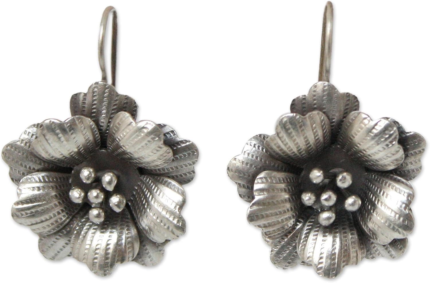 NOVICA Artisan Handmade Silver Flower Earrings Floral Drop Fine Thailand 'Chiang Mai Rose'