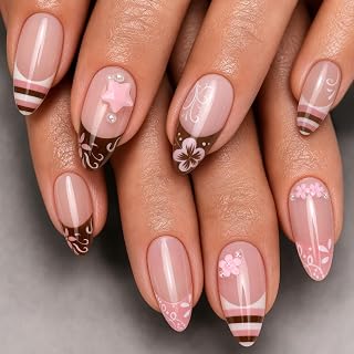 Pink Brown Press on Nails,Medium Almond Fake Nails with 3D Star | Flower|Pearl Design,Cute Y2k False Nails for Women Girls,Striped French Tip Reusable Acrylic Glue Tabs Nail for Daily Party 24PCS