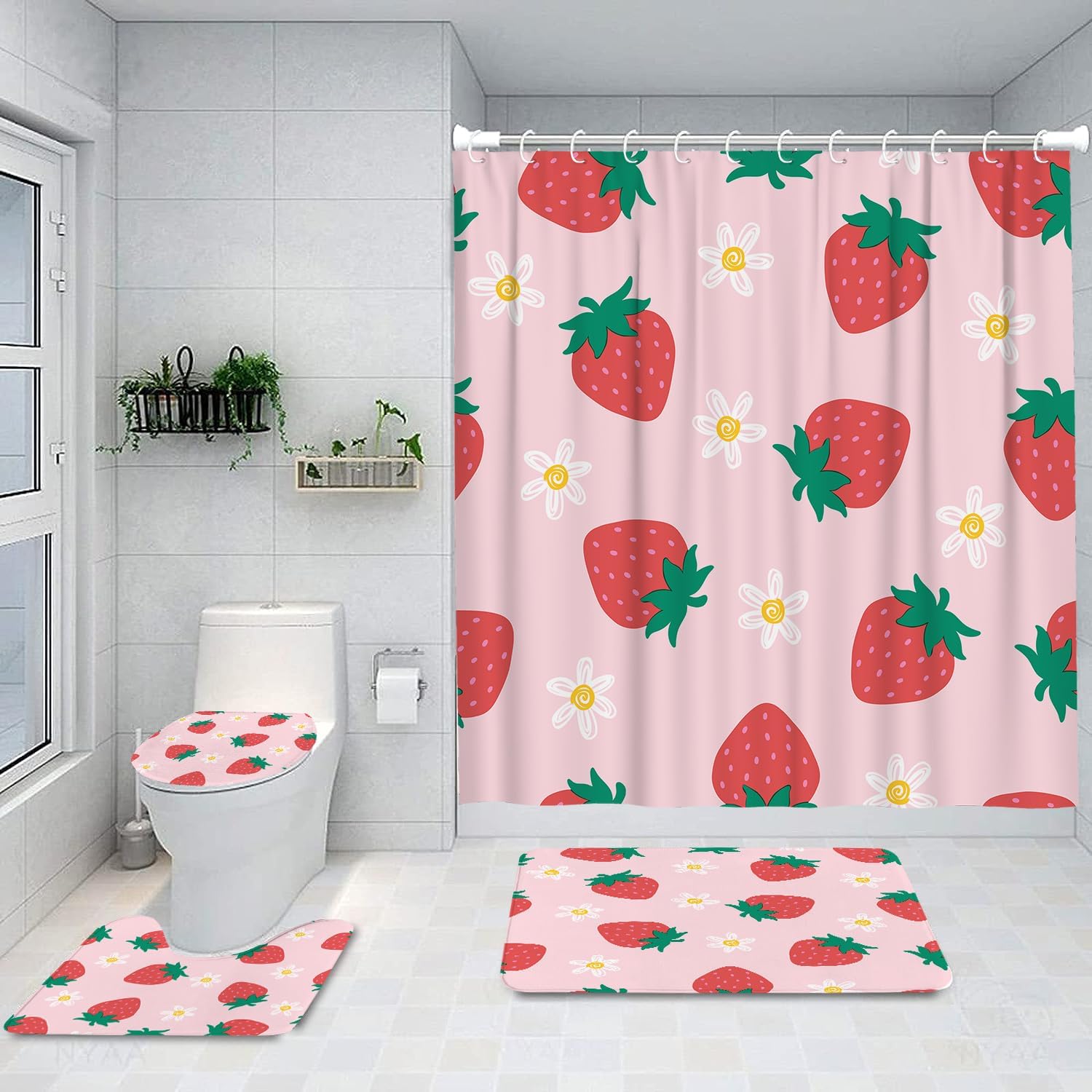 Ansouyi 4Pcs Bathroom Shower Curtain Sets with Non-Slip Rugs, Toilet Lid Cover and Bath Mat, Cute Cartoon Strawberry on Pink Durable Waterproof Shower Curtain for Bathroom Set, 72x72 Inch