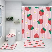 Ansouyi 4Pcs Bathroom Shower Curtain Sets with Non-Slip Rugs, Toilet Lid Cover and Bath Mat, Cute Cartoon Strawberry on Pink Durable Waterproof Shower Curtain for Bathroom Set, 72x72 Inch