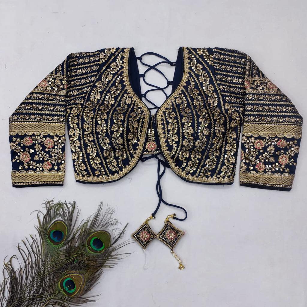 Pujia Mills Women's Heavy Embroidery Coding With Sequins Work 3/4Th Sleeves Fancy Readymade Saree Blouse(Missy Navy Blue_38)