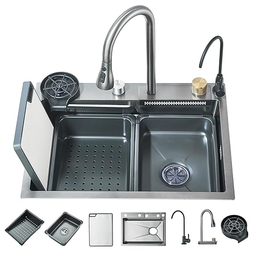 Evier Cuisine Multifonction avec Haute Pression Robinet Bec Extractible et eau Pure Rince Verr 60 * 45 * 21cm Automatique Evier 1 Bac avec Egouttoir