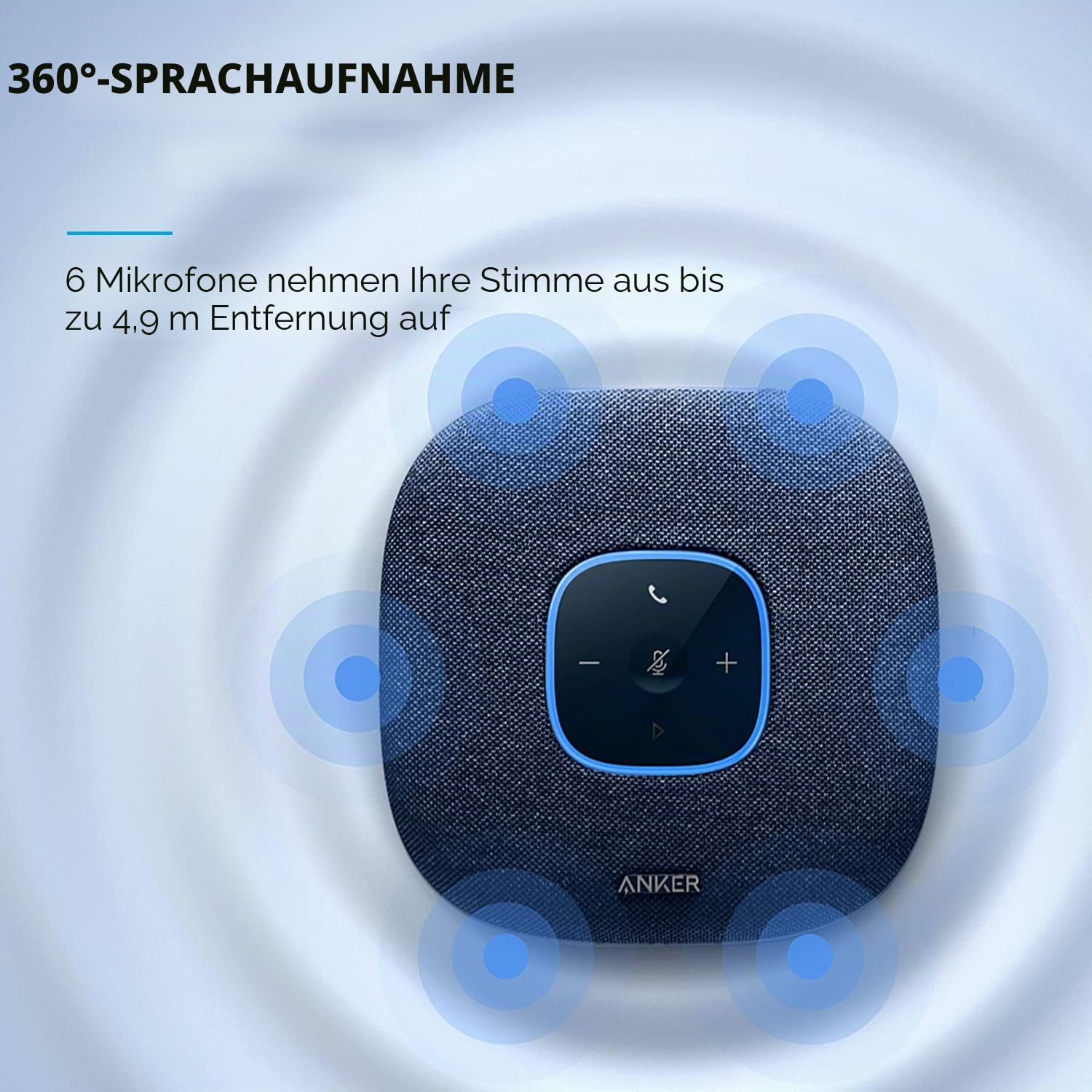 Anker PowerConf S3 Bluetooth-Freisprecheinrichtung mit sechs eingebauten Mikrofonen, verbesserte Tonaufnahme, 24 Stunden Anrufzeit, App-Steuerung, Bluetooth 5, USB-C (blau) (Generalüberholt)
