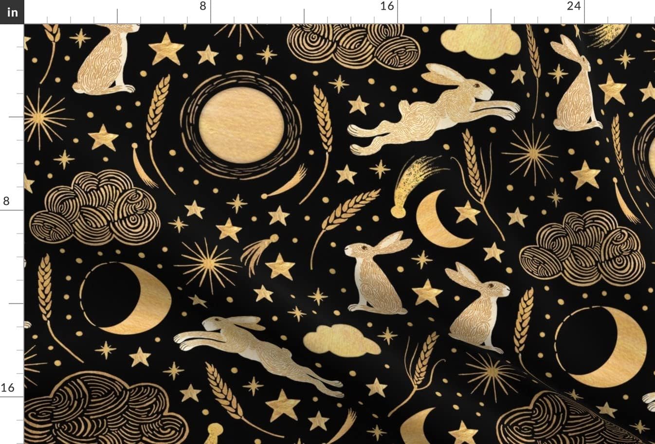 Spoonflower Fabric - Black Rabbit Stars Clouds Gold Wheat Night Sky Harvest Moon Crescent Printed on Upholstery Velvet Fabric Fat Quarter - Upholstery Home Decor Bottomweight Apparel