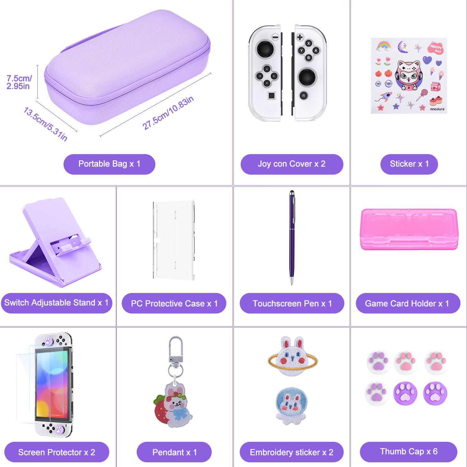 innoAura Switch OLED Case 19-in-1 Bundle for NS Switch OLED (2021), with Carrying Case, Screen Protector, Stand and Thumb Grips, Purple - Image 2