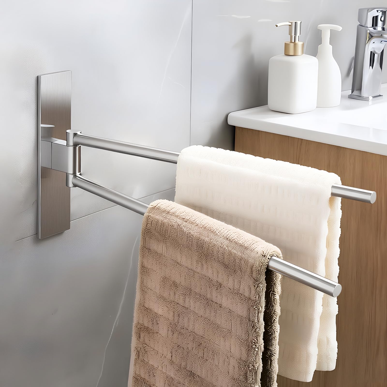 Adhesive Drill-Free Bathroom Towel Rails 39 cm – 180° Swivel 2 Bars, 304 Stainless Steel Silver Brushed for Bathroom and Kitchen