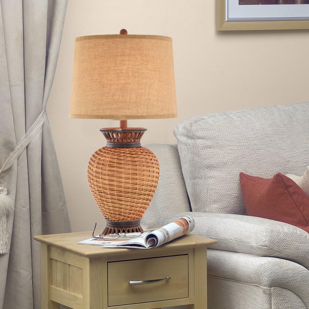 Catalina 19102-000 3-Way 33-Inch Natural Rattan Table Lamp with Rustic Bronze Finish and Textured Linen Hardback Shade