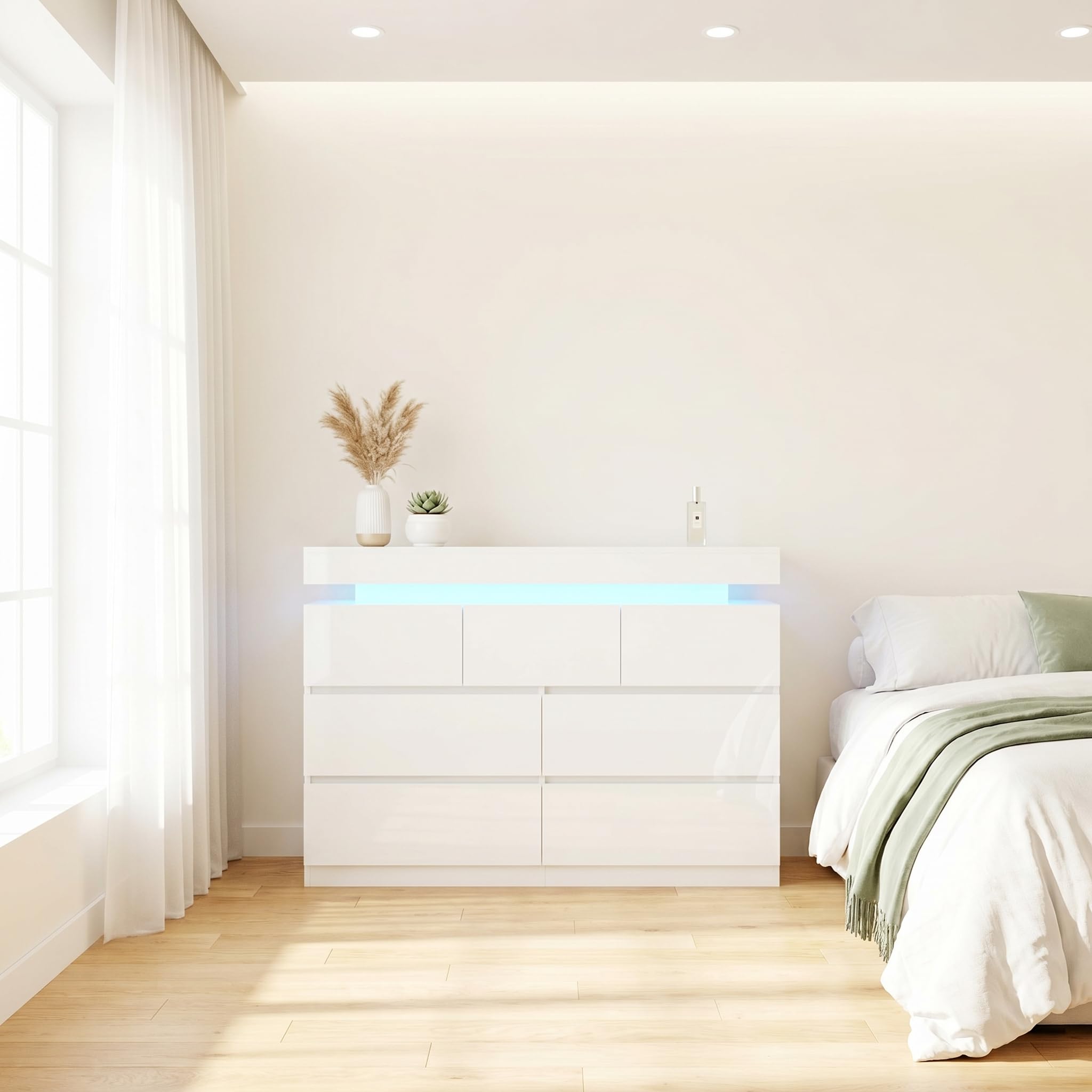 High Gloss Chest of Drawers 3/5/6/7/8/9 with LED Lights, White Modern Chest of Drawers, 16 RGB Lighting w/ Remote, Music Mode, Storage Cabinet for Bedroom Living Room Hallway Furniture (7 drawer)