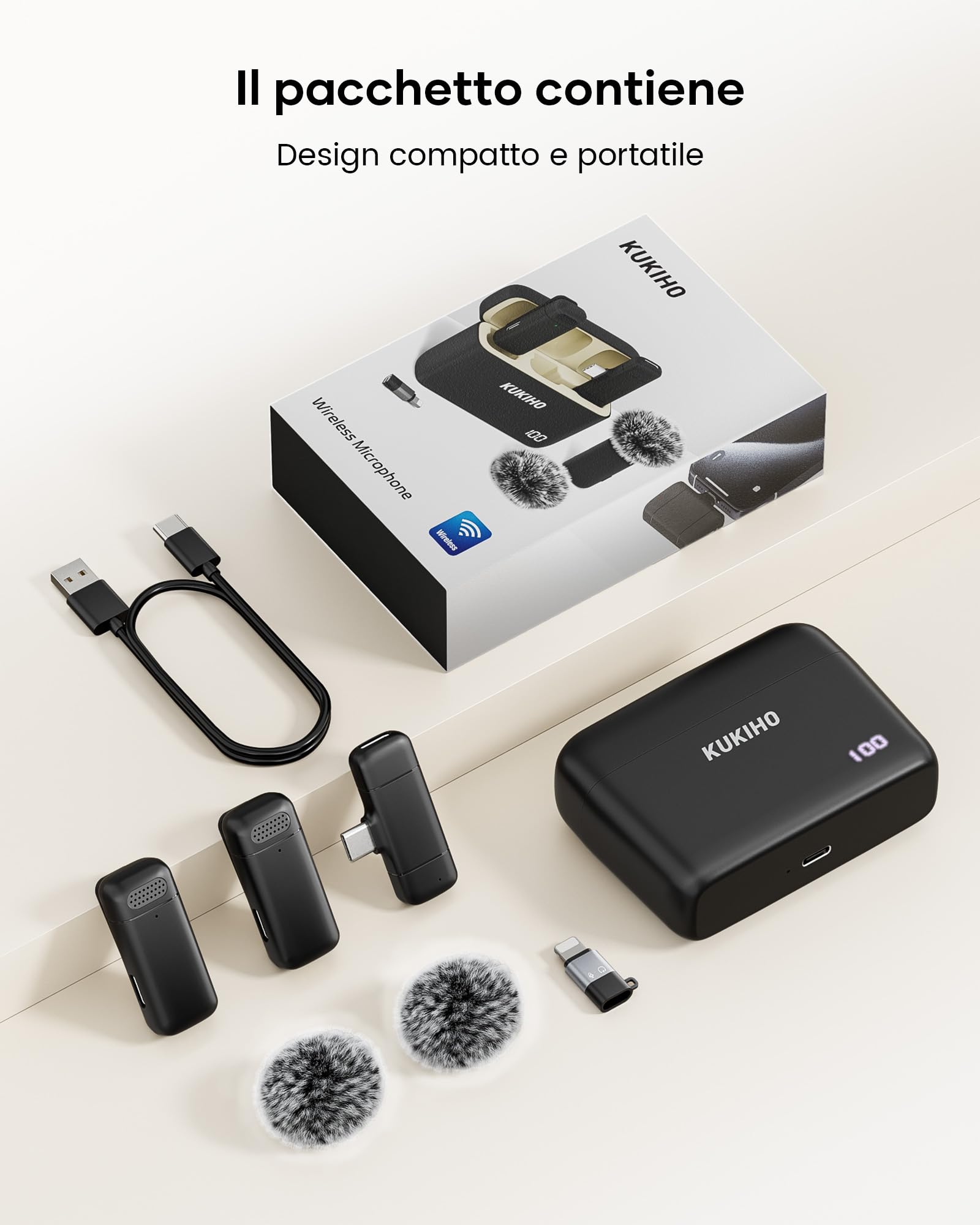 KUKIHO Microfono Lavalier Wireless con Custodia di Ricarica, microfono per video social Cancellazione del Rumore, Telecomando da 40m mini microfono per iPhone & android