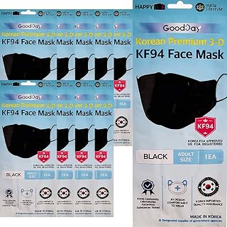 (Pack of 10) 4-Layers Premium Filters (KF94 Certified) Korean Face Mask (Made in Korea) Respirators Protective Disposable Safety Dust Covers (Adults) (Black) Individual Package [HappyLife]