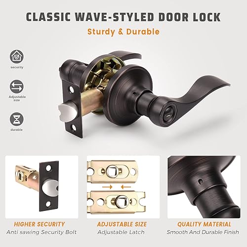 Miniatura 4 de KNOBWELL Paquete de 2 pomos de puerta de bronce, palancas interiores para dormitorio, baño, cepillo frotado sin llave, manija de puerta de