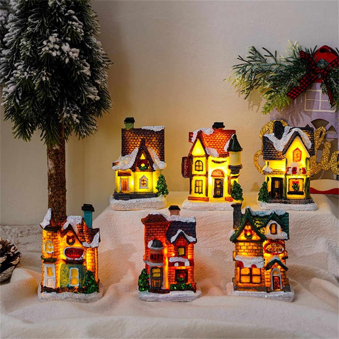 Christmas Village Sets LED Lighted Christmas Village Houses with Figurines, Christmas Village Collection Indoor Room Decor Collectible Buildings (6 Pack)