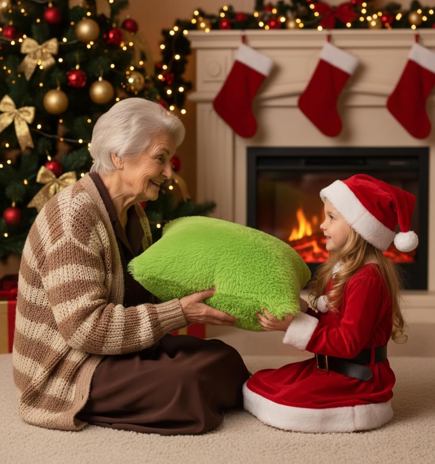 Tiamon 4 Pcs Christmas Throw Pillow Covers Plush Lime Green Red White Pillow Cases 16 x 16 Inch Soft Fluffy Faux Fur Cushion Covers for Winter Holiday Sofa Couch Car Bedroom Decorations