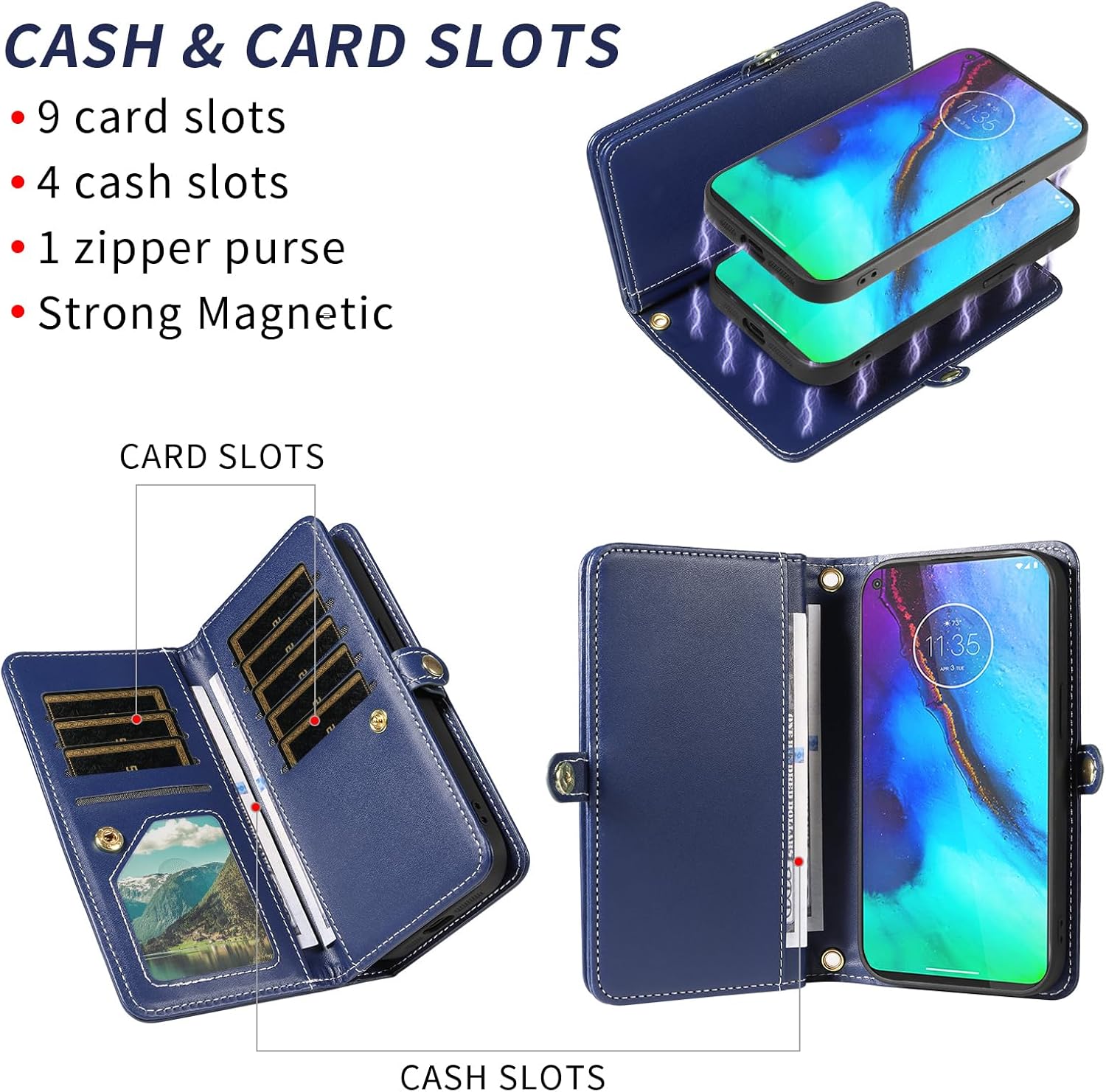 Phone Case for Moto G Stylus 2020 MotoG Pro Zipper Wallet Detachable Cell Cover Screen Protector Crossbody Strap Bling Flip Credit Card Holder Motorola GStylus Stylo XT2043-4 XT2043 Women Dark Blue