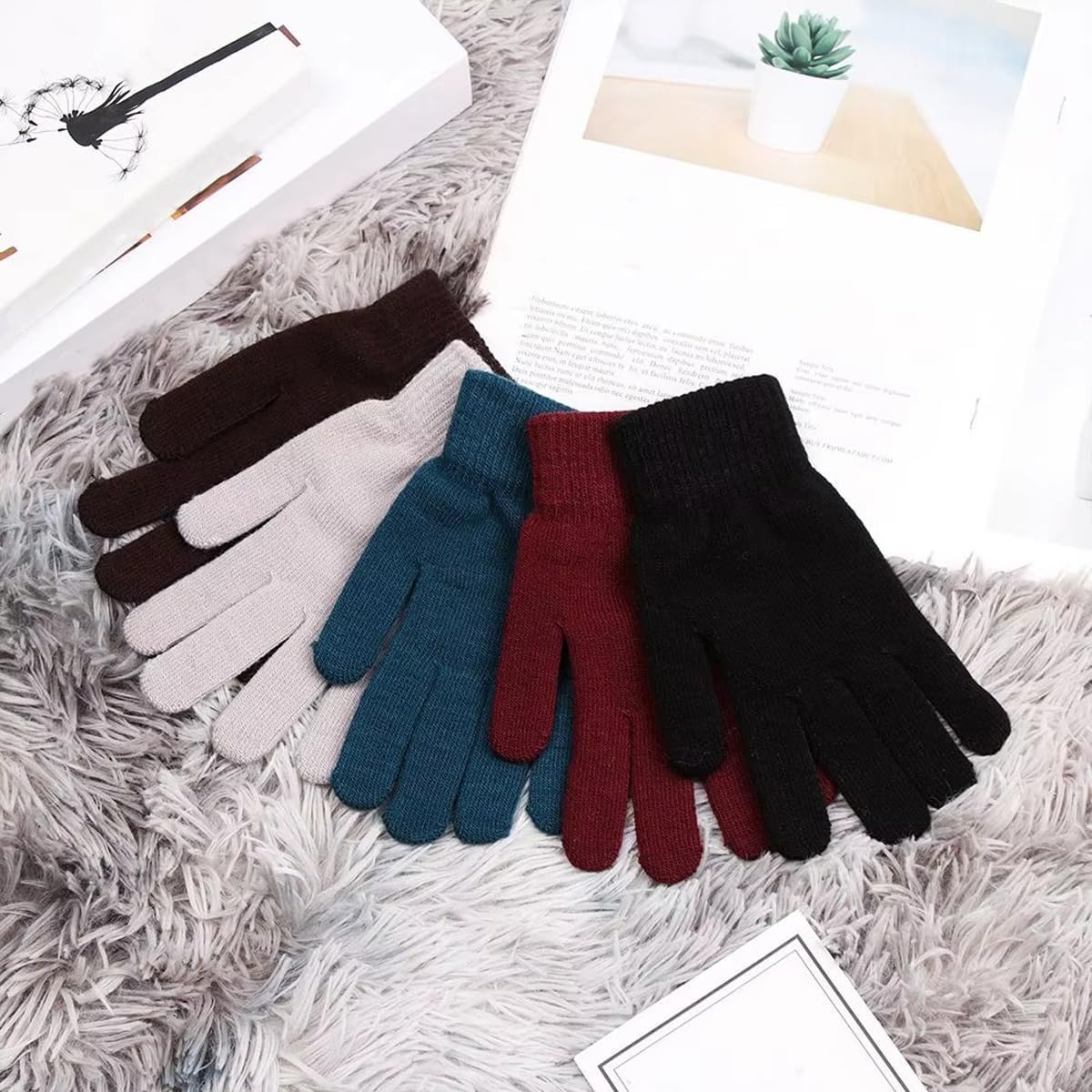 ECYC Unisex Winter Warm Gloves, Knitted Full Finger Gloves Thick Plush Knit Glove Mittens for Women Men