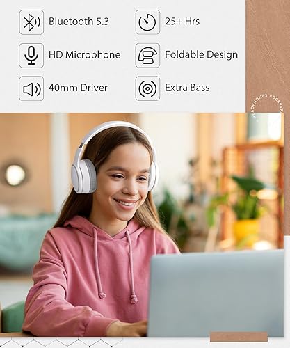 Vista 5 de rockpapa E9 - Auriculares Bluetooth para niños y niñas adultos, estéreo plegables con cable/inalámbrico con micrófono para escuela, viajes, tableta