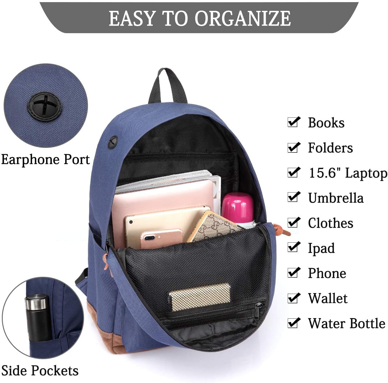 VASCHY School Backpack Unisex Classic Lightweight Tear Resistant Water Resistant for 15 inch Laptop, Blue New, 18.5 inches, Casual - Image 5