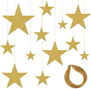 24PCS Gold Cardboard Stars with String, Shiny Hanging Gold Star Cutouts, Different Sizes Golden Star Decorations, Suitable for Bulletin Board Wedding Birthday Party Christmas Decorations