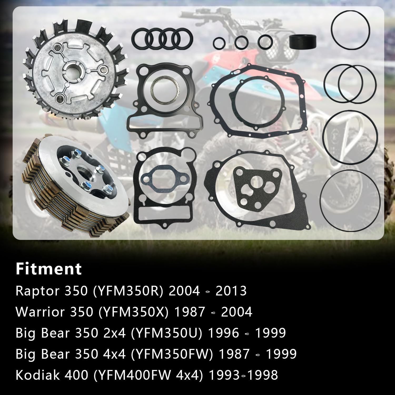 Primary Main Gear Clutch & Drive Clutch Basket Housing Assy & Complete Gasket Kit Fit for Raptor 350 Warrior 350 Big Bear 350 2x4 4x4 Kodiak 400